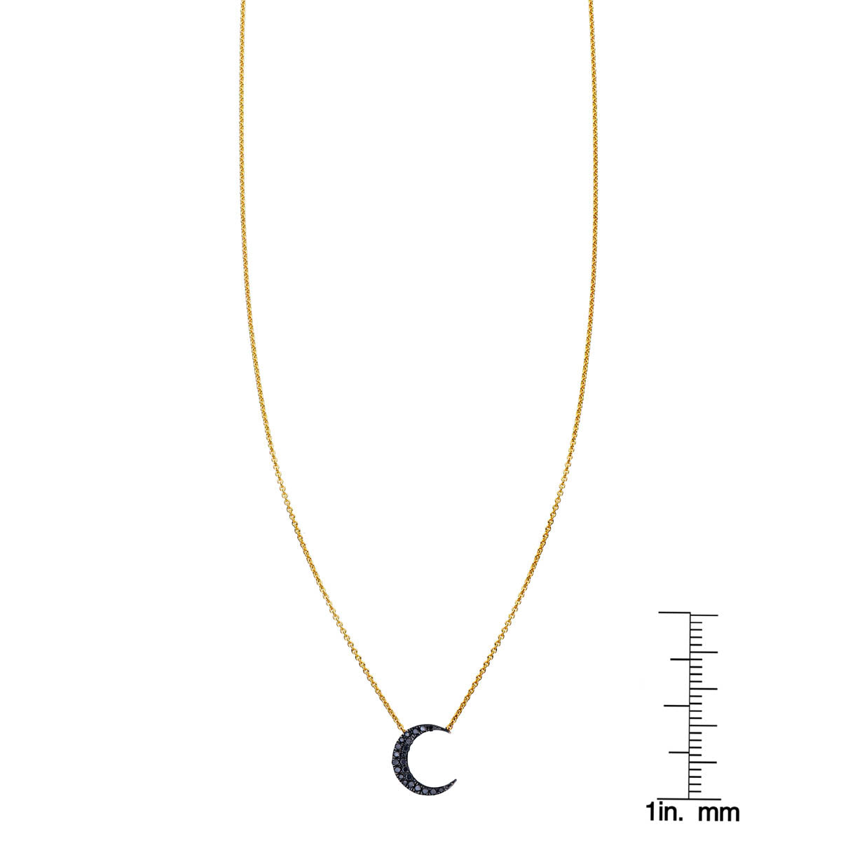 Black diamond moon pendant necklace and black diamond chai necklace shown with ruler for scale