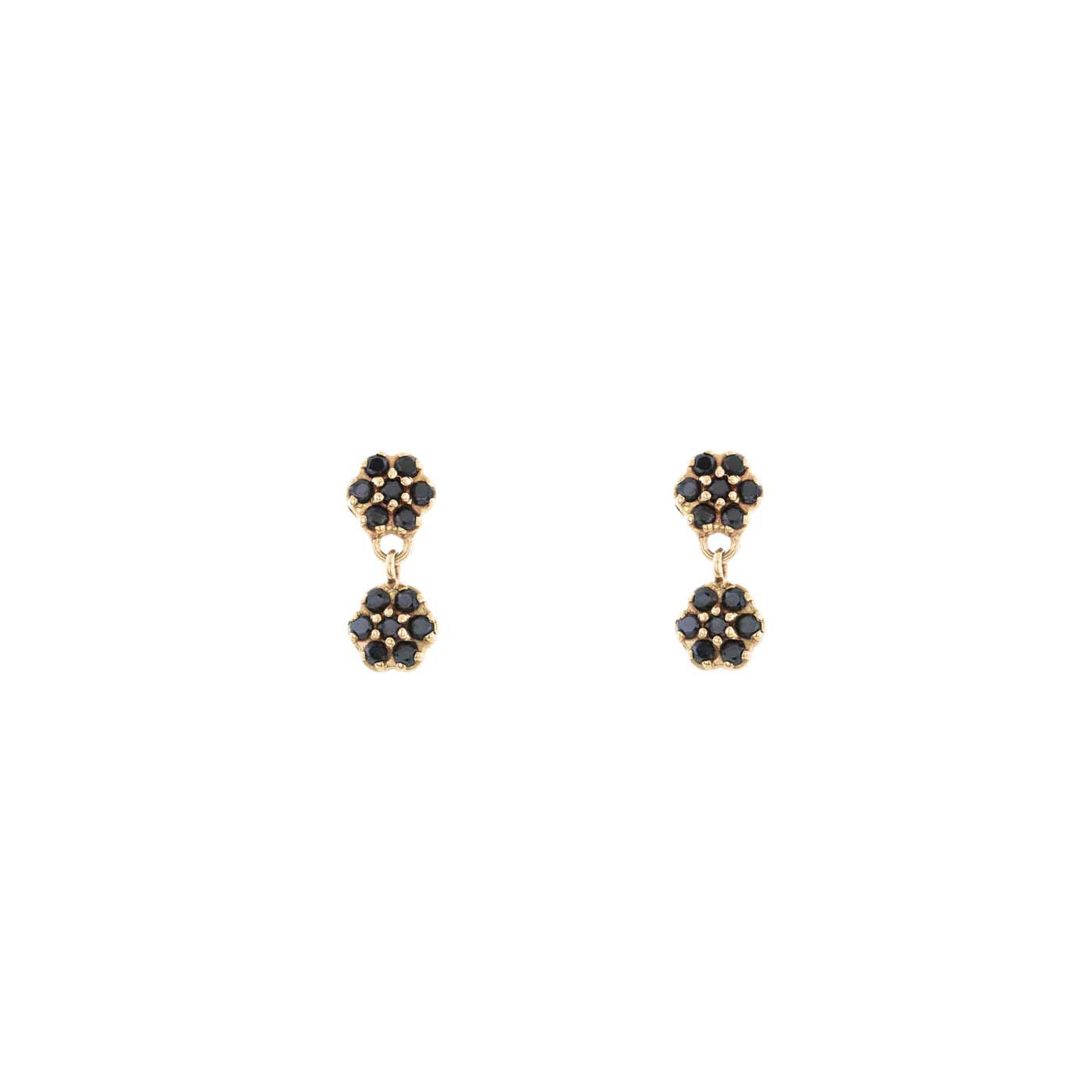 Black diamond pavé double flower stud earrings in 14k yellow gold, Victorian-inspired 12mm design by Phoenix Roze