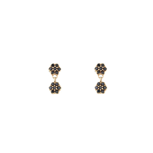 Black diamond pavé double flower stud earrings in 14k yellow gold, Victorian-inspired 12mm design by Phoenix Roze