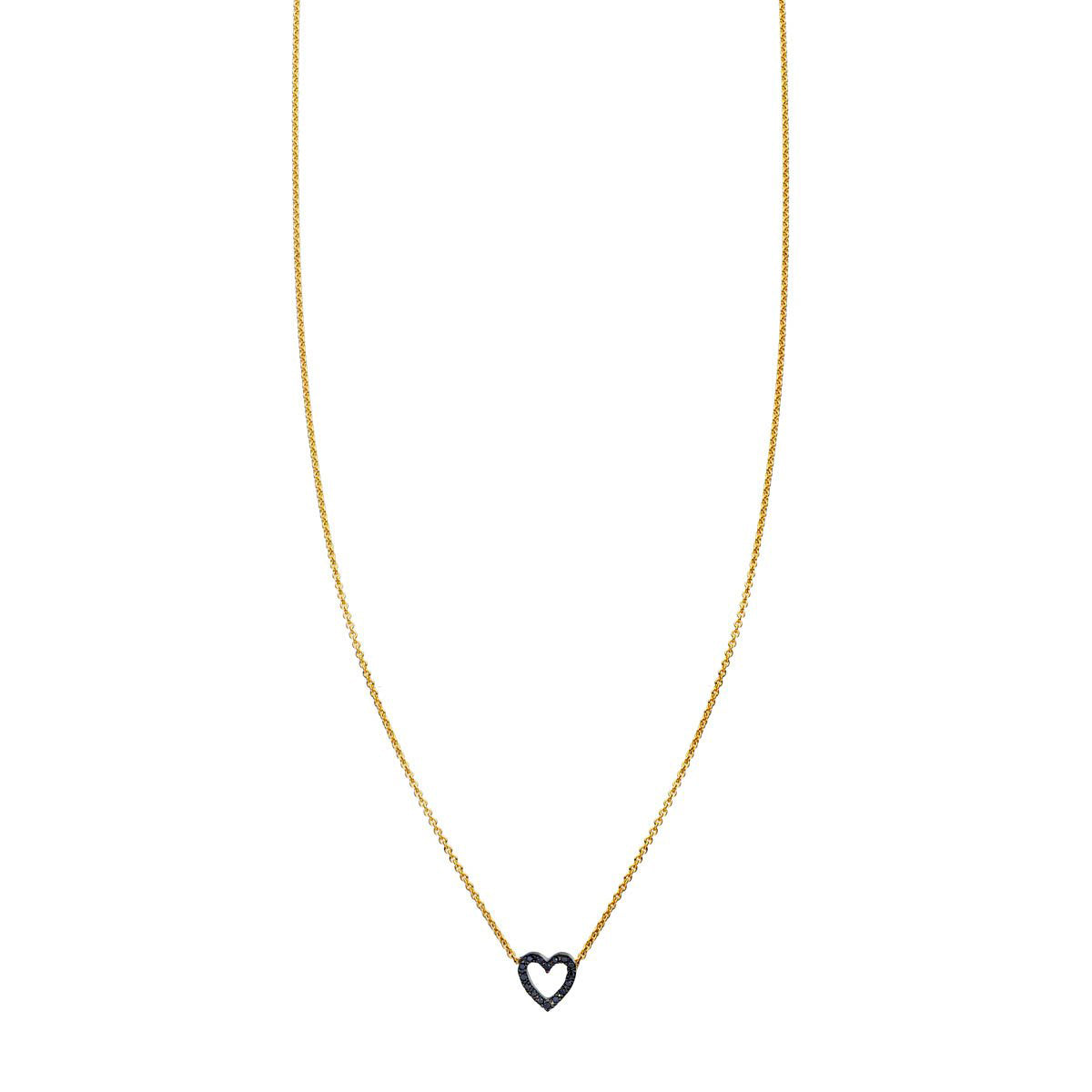 Black diamond tiny heart outline necklace in 14k gold; delicate 6.5mm pavé-set pendant in rose, white, or yellow gold