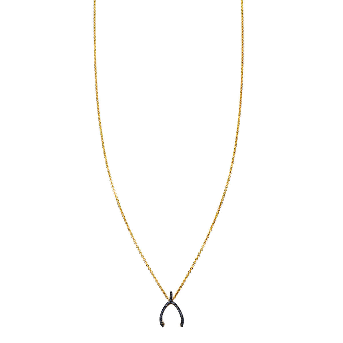 14k gold black diamond pavé wishbone necklace, 14mm pendant, lucky charm, available in white, rose, or yellow gold