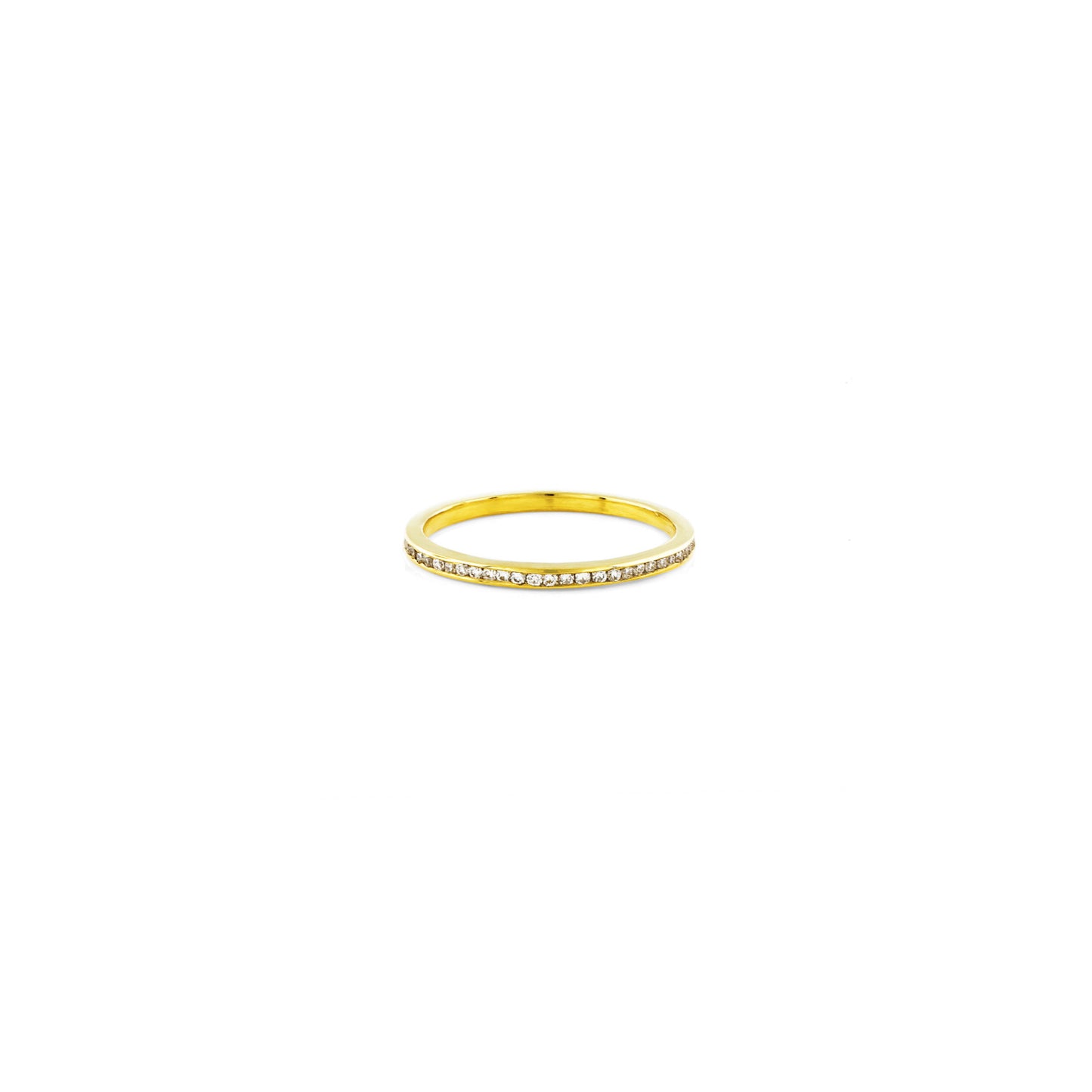 Channel set white diamond eternity band in 14K yellow gold — classic brilliance with a modern, minimal flush-set profile