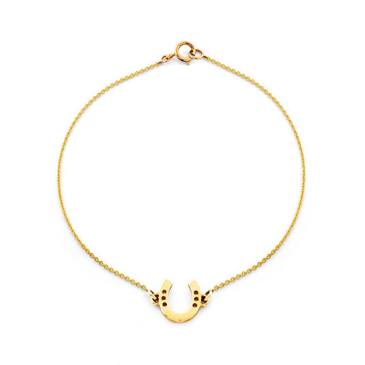 Classic 14k yellow gold horseshoe bracelet, lucky charm, 6.75 in chain, handcrafted in NYC