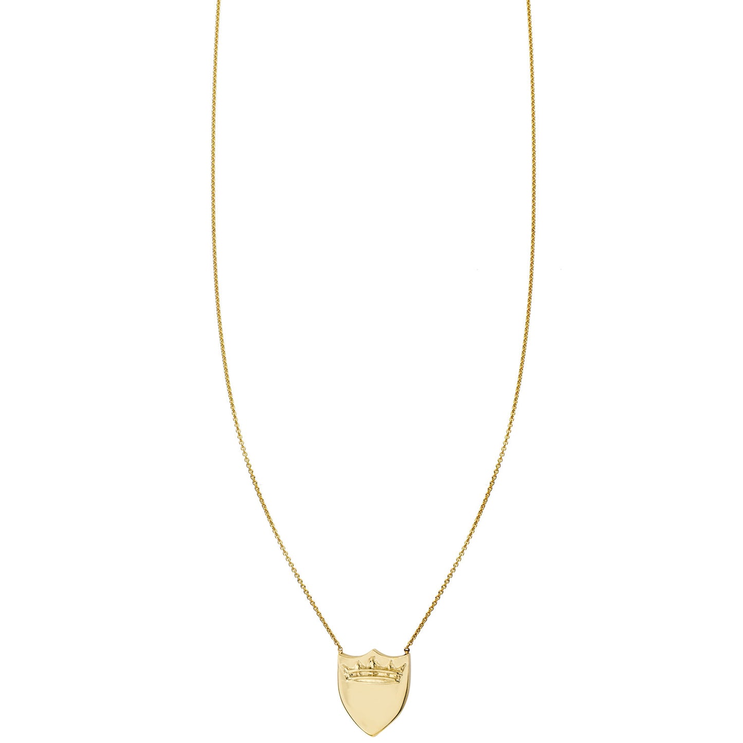 Crown Shield 14k yellow gold necklace with tiny regal shield-and-crown charm, handcrafted in NYC
