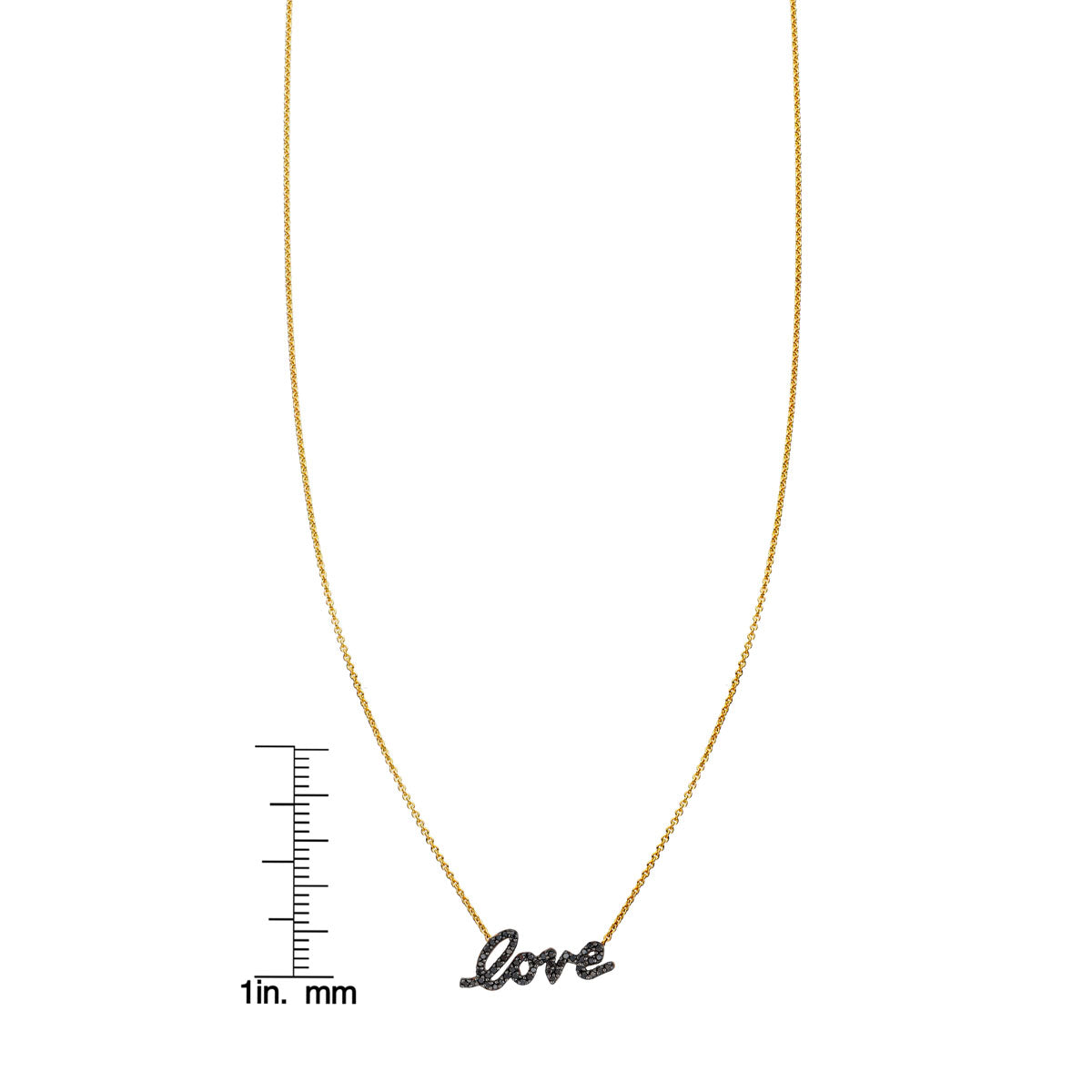 Cursive Love necklace scale measurement size guide next to ruler for necklace length