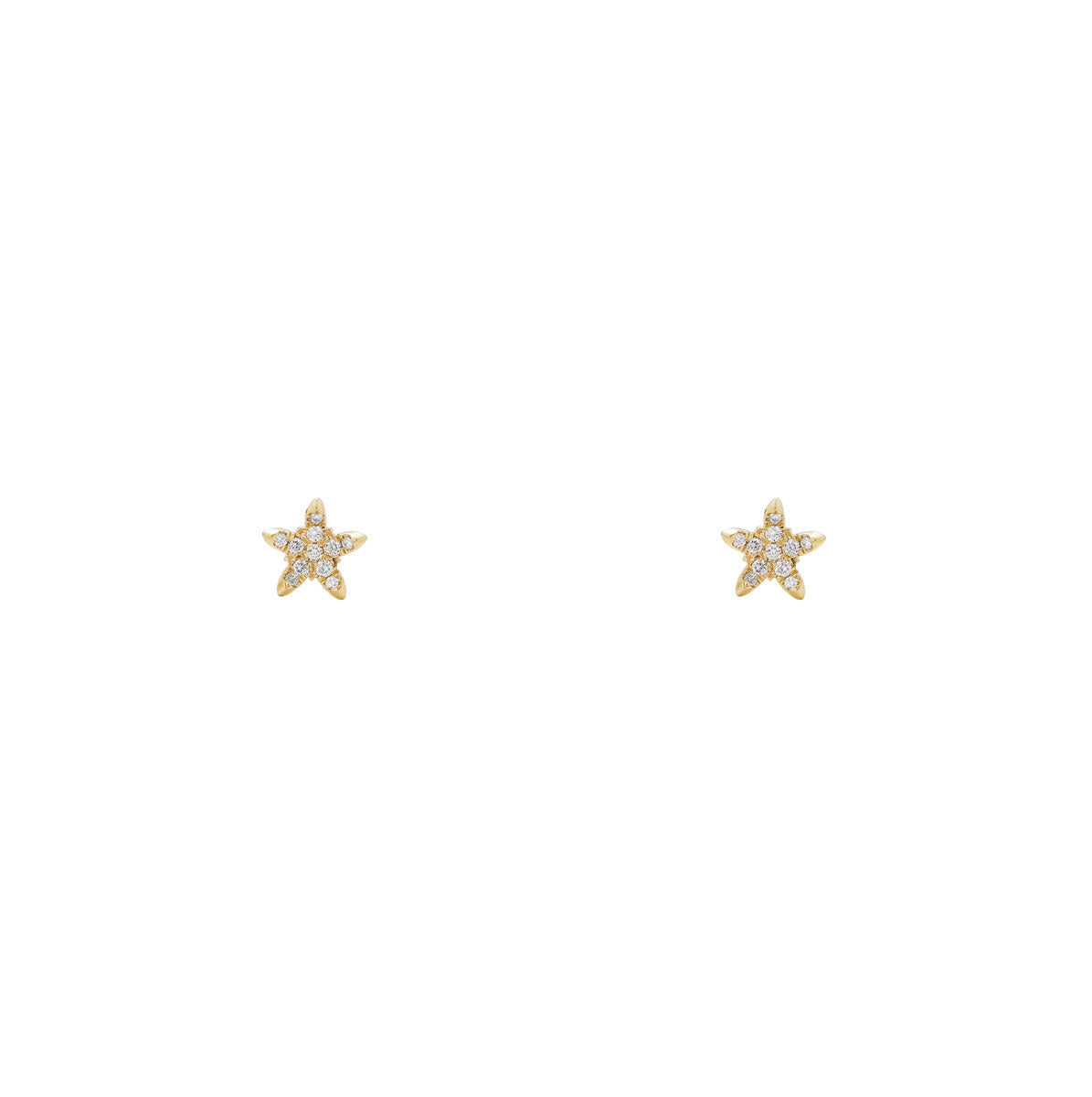 14k gold curved diamond star earrings, pavé-set white diamonds, available in pink, yellow, or white gold