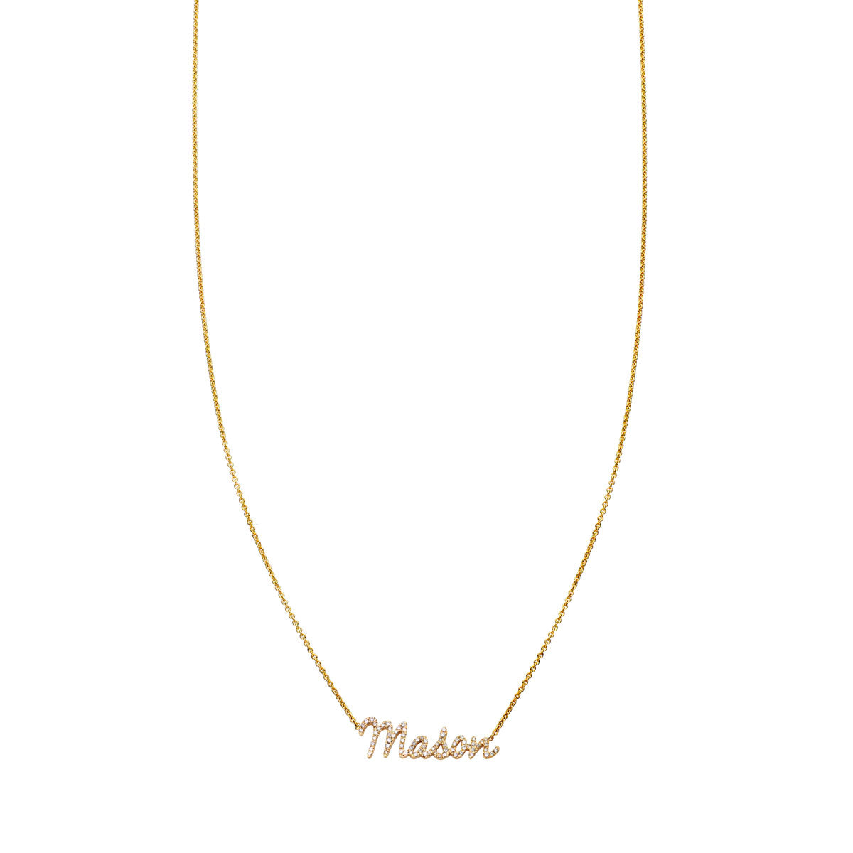 Custom diamond name necklace in elegant script on a delicate chain, personalized fine jewelry by Phoenix Roze