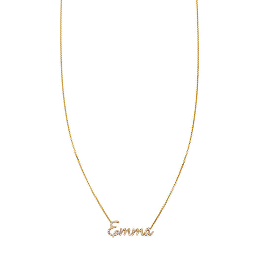 Custom 14K gold cursive diamond name necklace, personalized script pendant in yellow, white, or rose gold, handmade in NYC