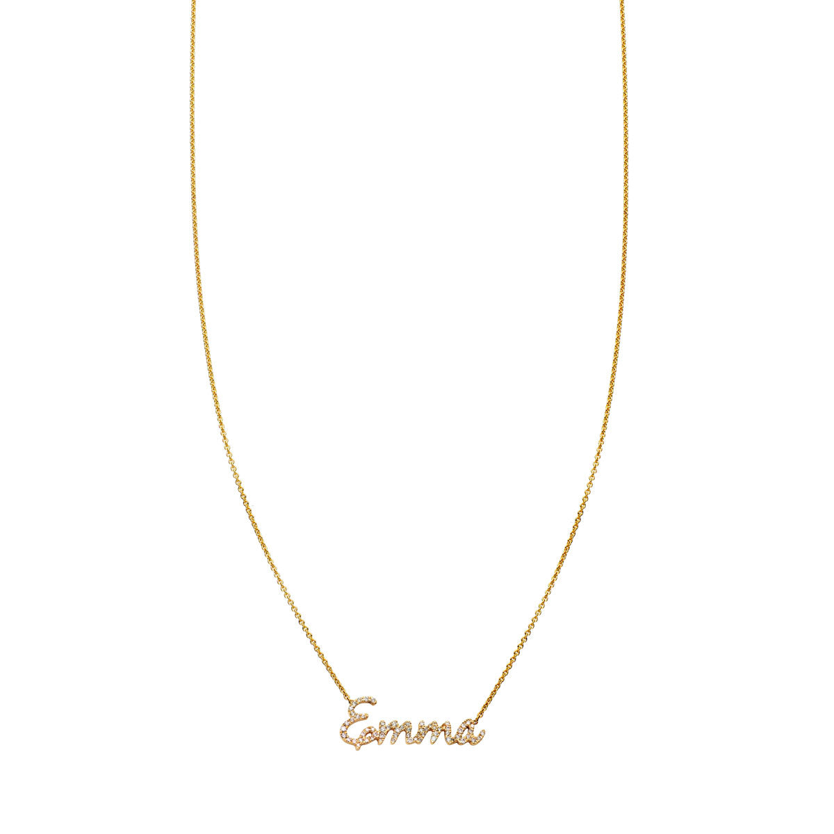 Personalized white diamond name necklace in elegant script on a delicate gold chain by Phoenix Roze