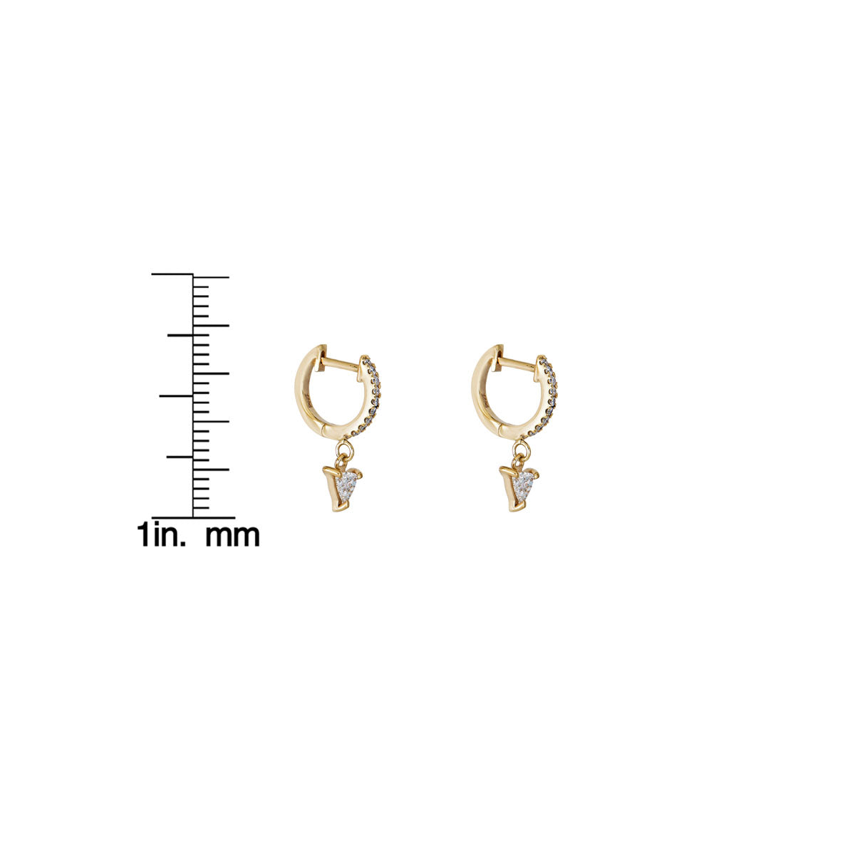 Side view of 14k gold hoop earrings with dangling triangle diamond charms, modern geometric sparkle by Phoenix Roze