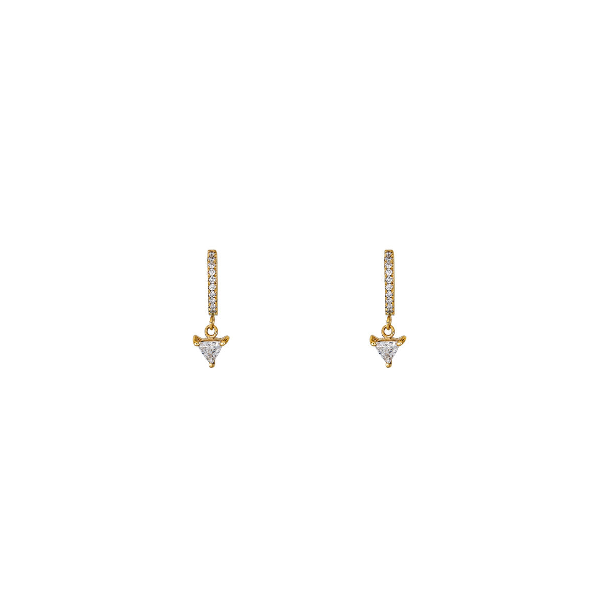 14k gold dangling diamond triangle hoop earrings with pavé sparkle, perfect from day to night.