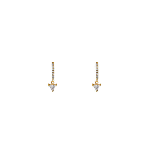 14k gold dangling diamond triangle hoop earrings with pavé sparkle, perfect from day to night.