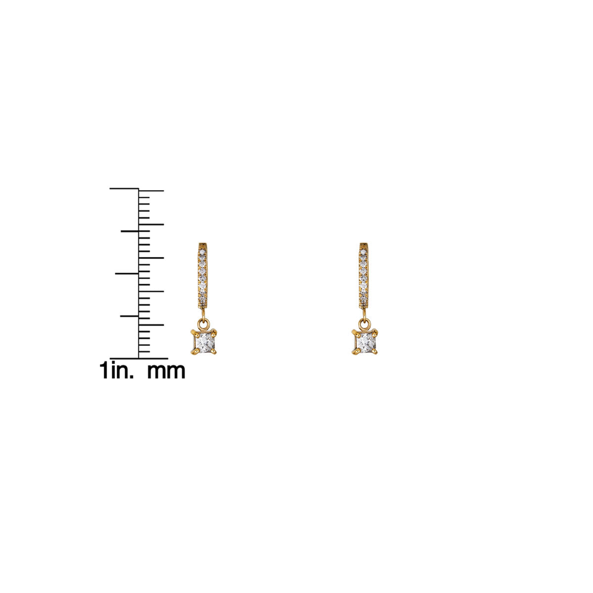 Gold hoop earrings with dangling square diamond charm, shown beside a ruler for scale