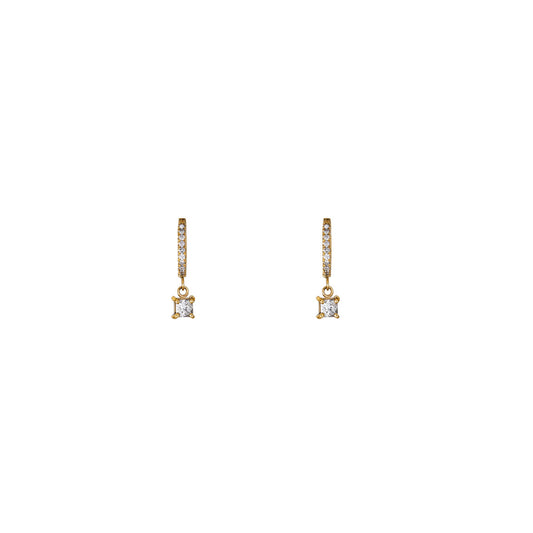 14k gold hoop earrings with dangling square diamond drops, 10mm petite size, 0.30 ct total - elegant for any event