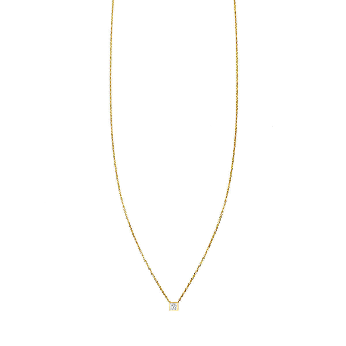 Designer square-cut diamond pendant necklace in solid 14K gold, handcrafted in NYC; available in yellow, white, or rose gold