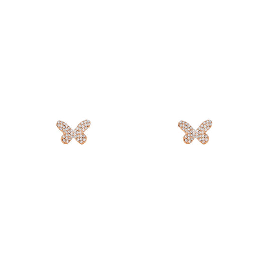 Diamond butterfly stud earrings in 14k pink, yellow, or white gold, pave-set white diamonds, sparkling free-spirited style