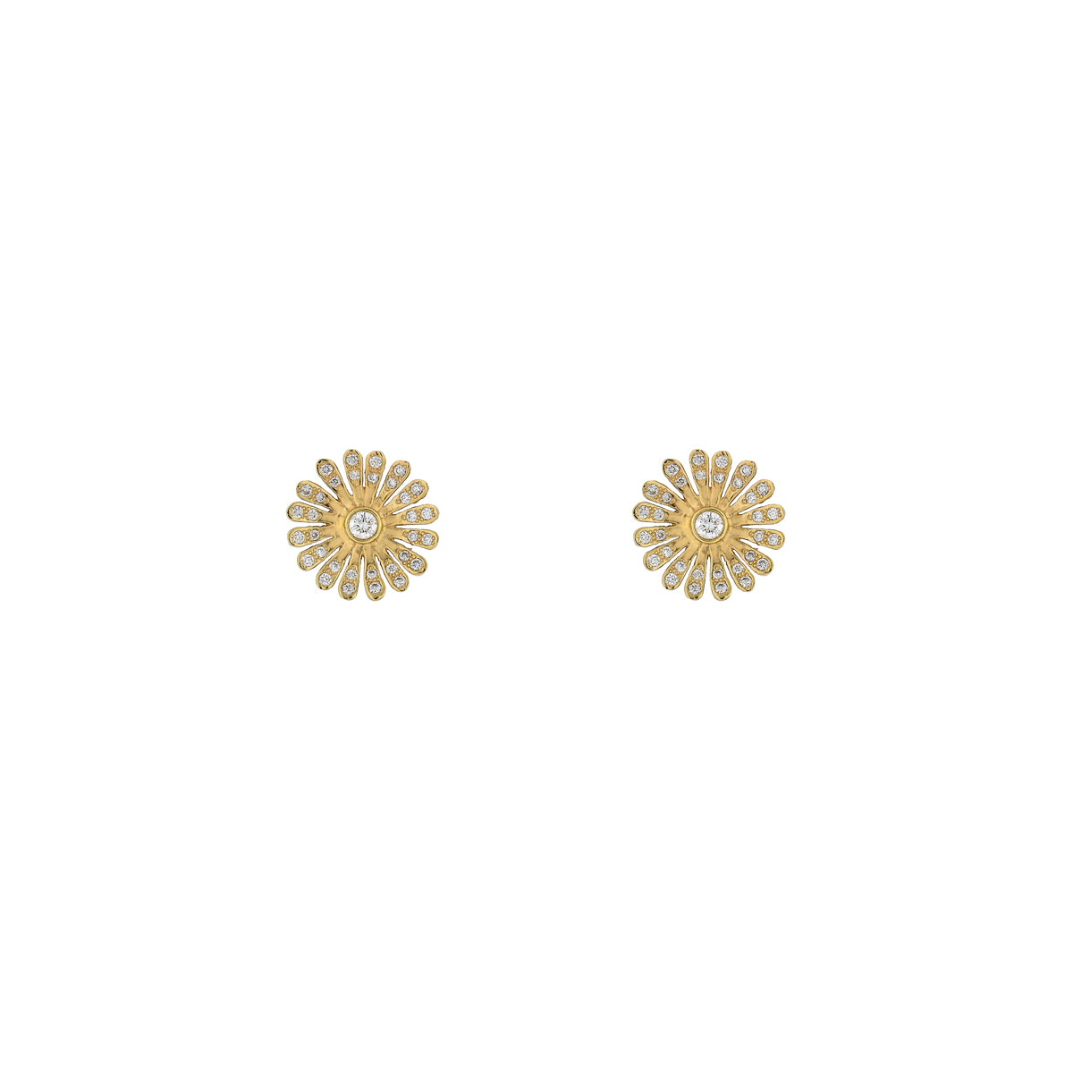 Phoenix Roze diamond daisy stud earrings in 14k gold with pavé white diamonds, in rose, yellow, or white gold.