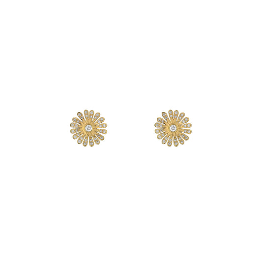 Phoenix Roze diamond daisy stud earrings in 14k gold with pavé white diamonds, in rose, yellow, or white gold.