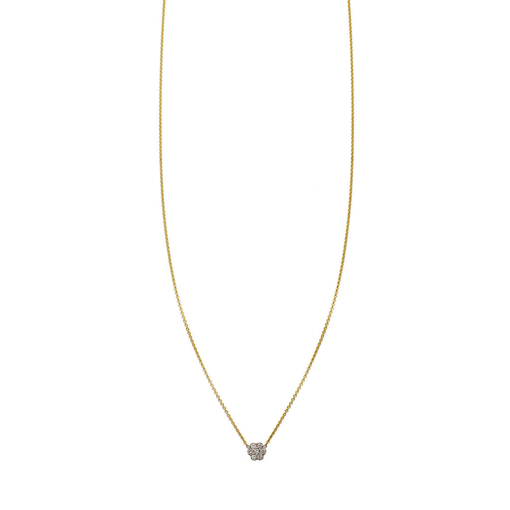 Diamond flower cluster necklace in solid 14k gold with VS white diamonds, delicate floral pendant on fine chain.