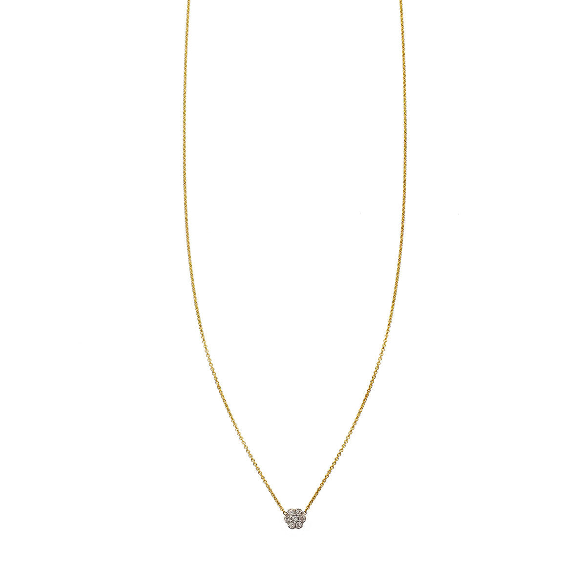 Diamond flower cluster necklace in solid 14k gold with VS white diamonds, delicate floral pendant on fine chain.