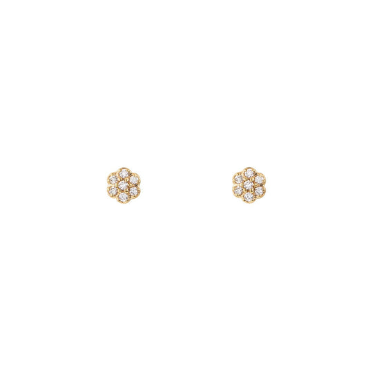 Diamond flower stud earrings, pavé white diamonds in 14k yellow, white, or rose gold for chic feminine sparkle