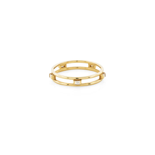 Diamond carousel ring in 14k gold with pavé diamonds, two bands; statement ring worn solo or stacked.