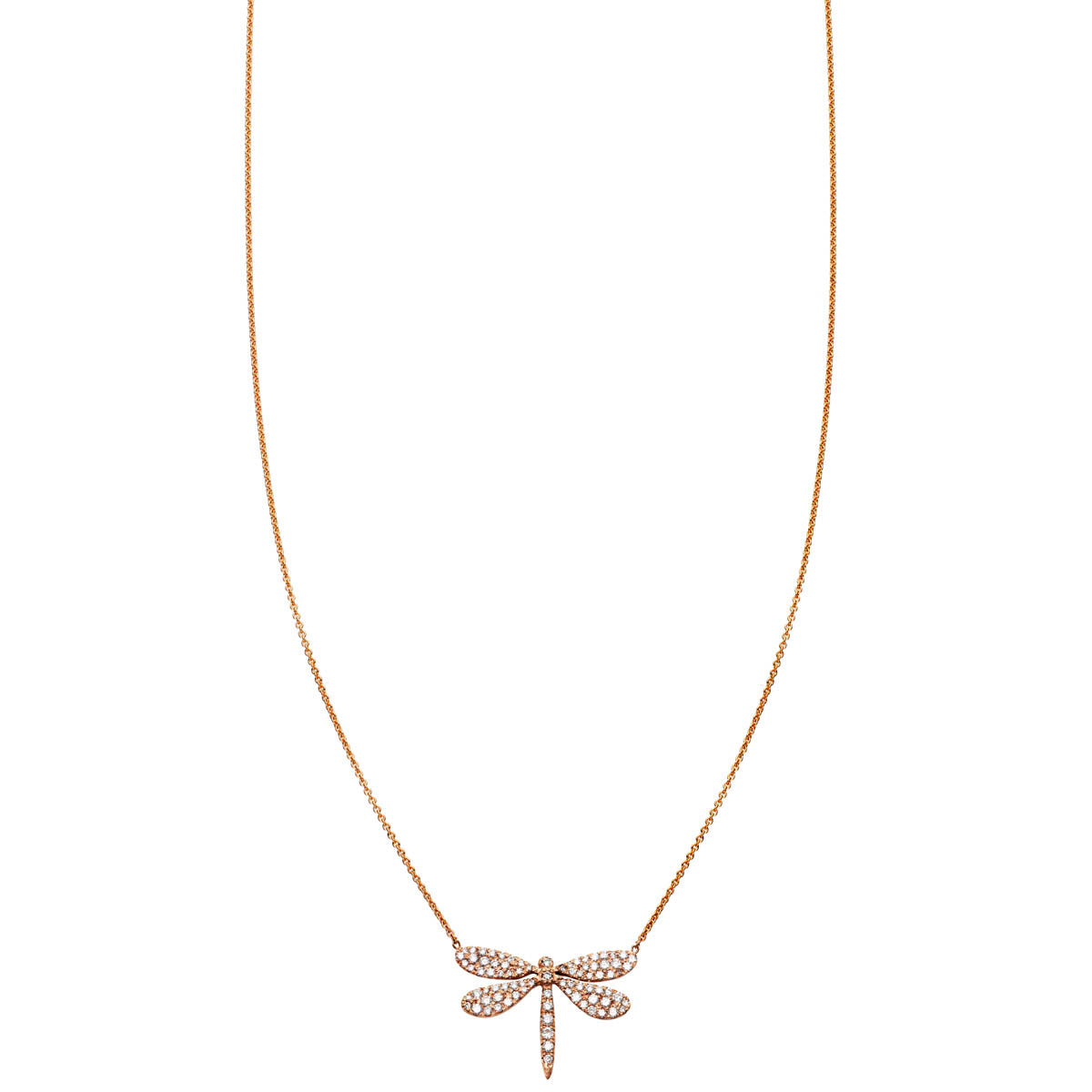 Phoenix Roze diamond-studded gold dragonfly necklace in 14k yellow, white, or rose gold, handcrafted in NYC