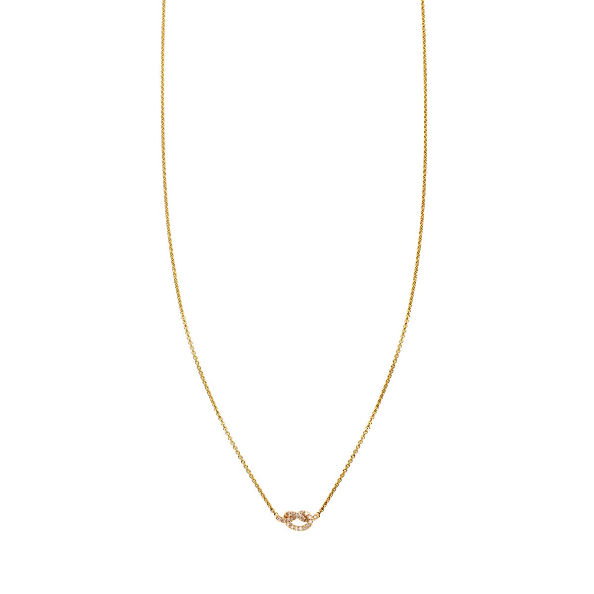 14k gold diamond love knot necklace, 7mm pendant symbolizing love, handcrafted in NYC in yellow, white or rose gold