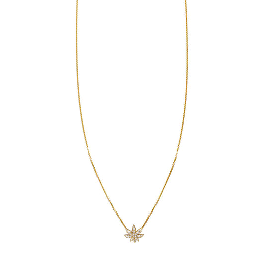 14K gold diamond pot leaf necklace with pavé pendant on fine chain, elegant 1/4-inch cannabis leaf jewelry