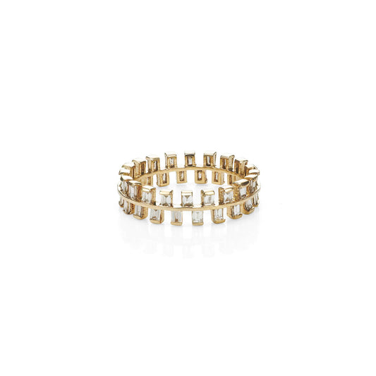 Diamond gold zipper ring with 14k band and rectangular diamonds, industrial punk-inspired wide statement ring.