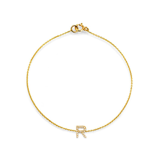 14k gold diamond initial bracelet with pave white diamonds, personalized letter charm on a delicate 6.75in chain, elegant and chic