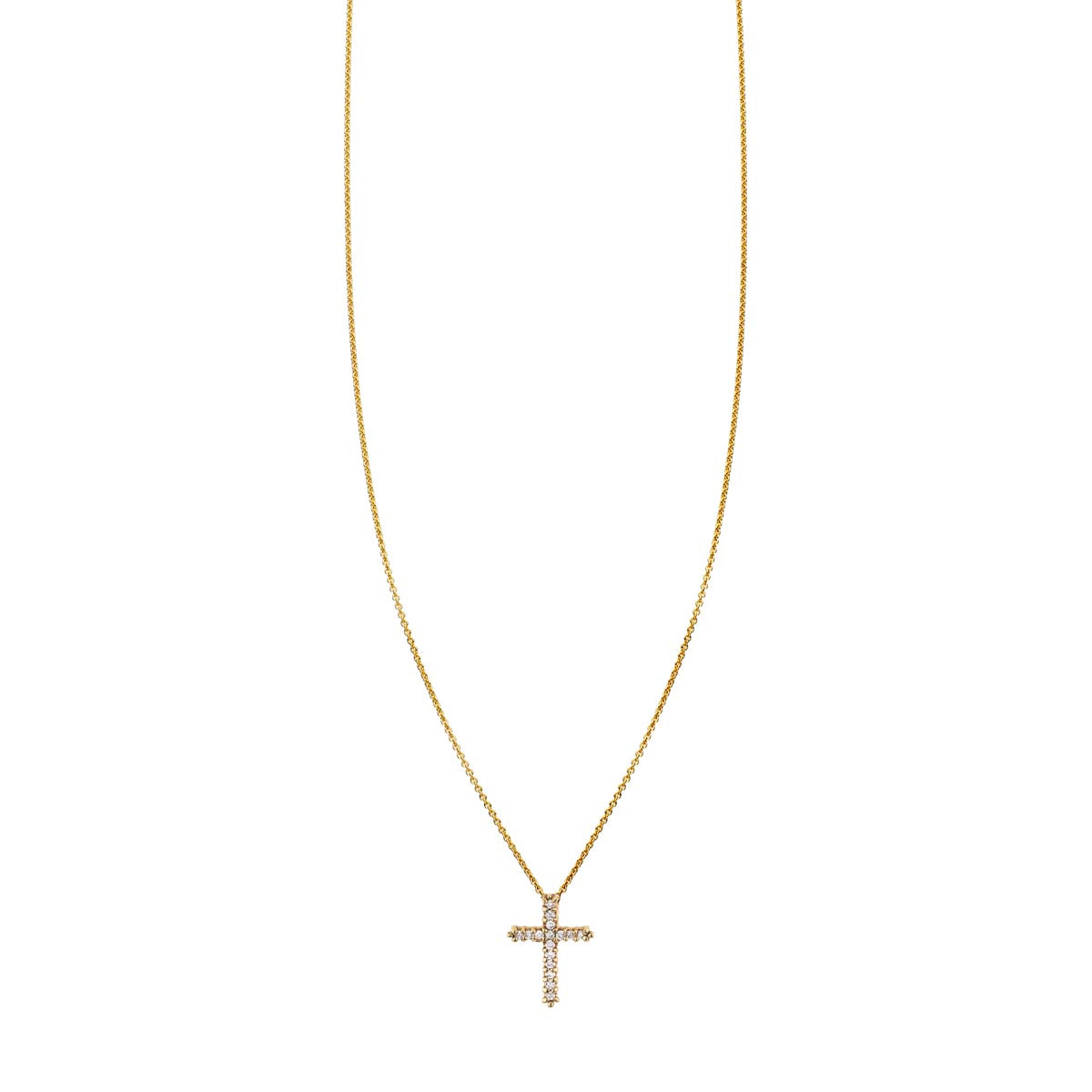 Large diamond pavé cross necklace in solid 14k gold, 15mm pendant on delicate gold chain by Phoenix Roze