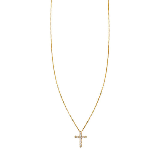 Large diamond pavé cross necklace in solid 14k gold, 15mm pendant on delicate gold chain by Phoenix Roze