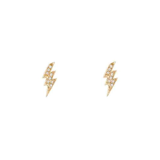 Diamond lightning bolt stud earrings in 14k yellow, white or rose gold with pavé-set white diamonds, edgy glam