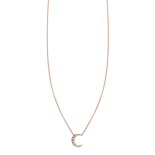 Diamond crescent moon pendant necklace in 14k gold with pavé white diamonds, handcrafted in NYC, symbol of guidance.