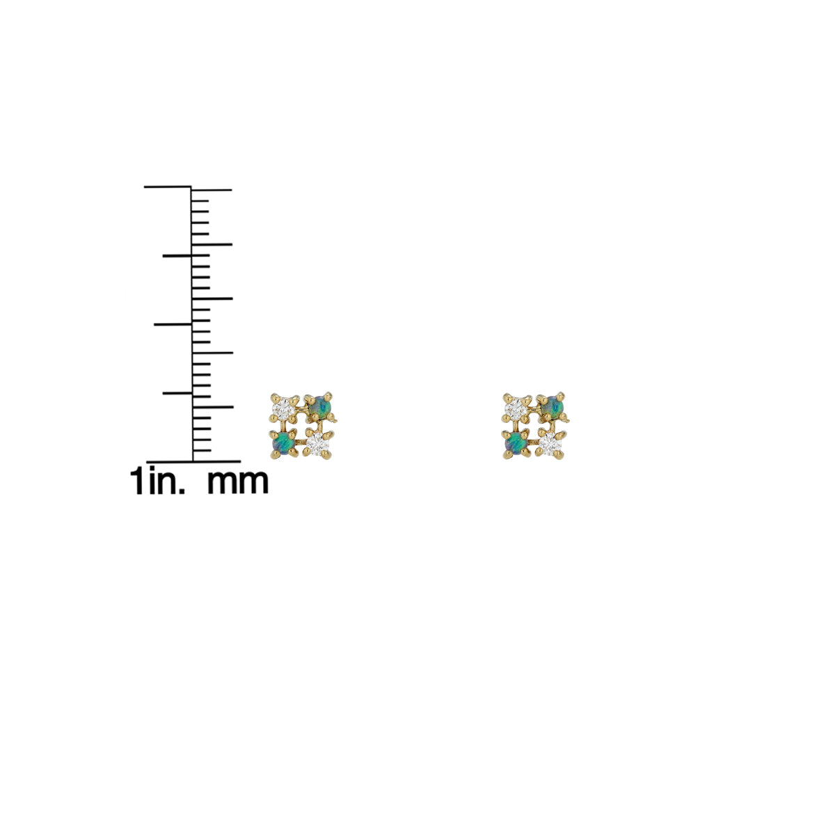 Diamond and opal square stud earrings in gold by Phoenix Roze, modern geometric studs for everyday sparkle