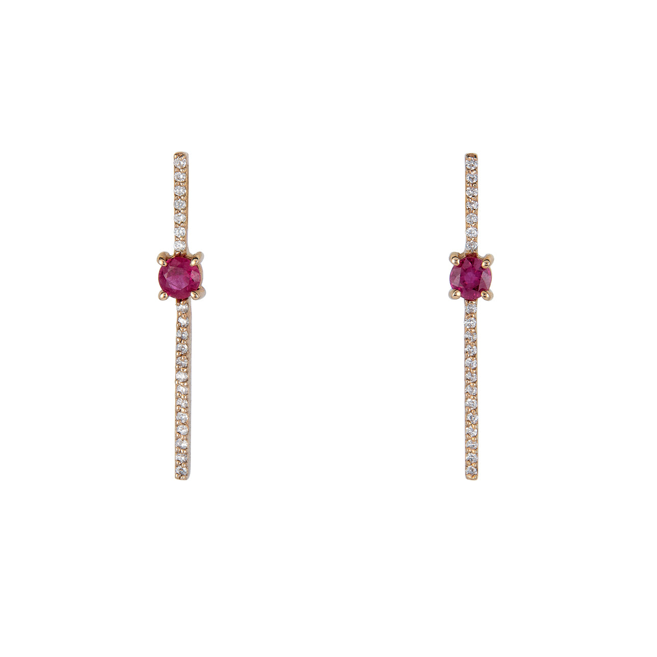 diamond round ruby drop bar earrings