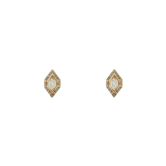 Statement diamond shield earrings in 14k gold, surrounded by pave diamonds for a powerful, glamorous look