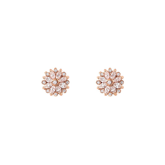 Diamond snowflake flower stud earrings in 14k yellow, white, or rose gold with pavé white diamonds, winter elegance