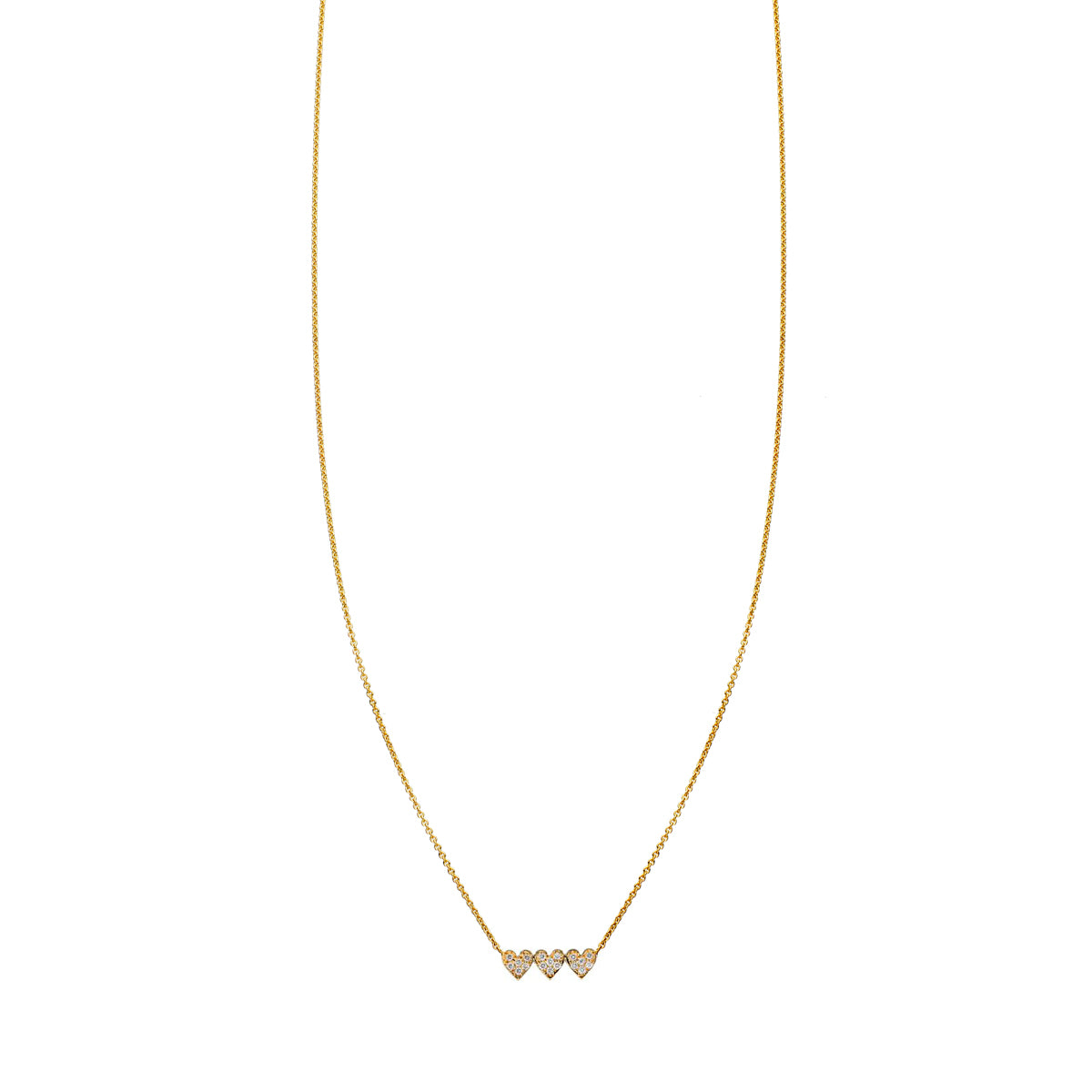 Delicate 14k gold diamond triple heart necklace with a row of three pave-set white diamond hearts