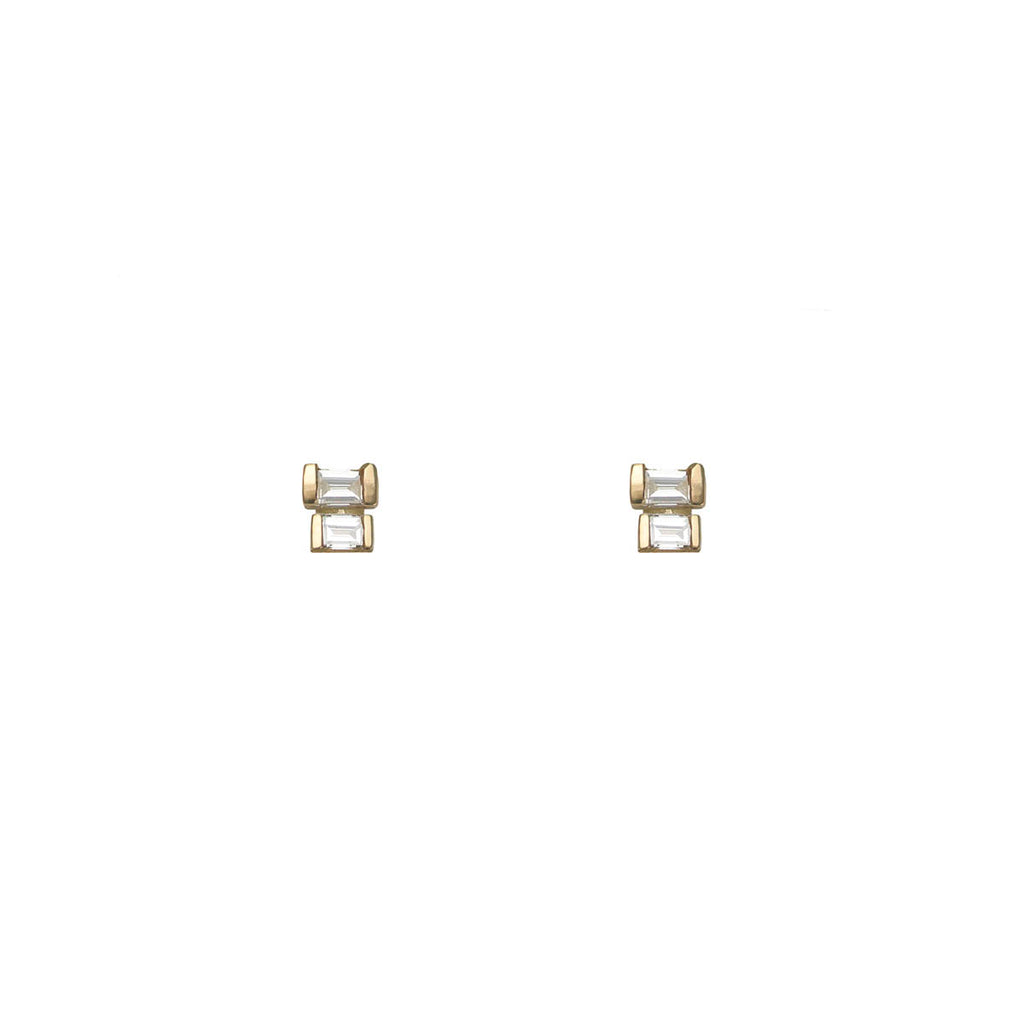 Double baguette diamond gold stud earrings in 14k gold, modern yet classic design, 3x3.5mm