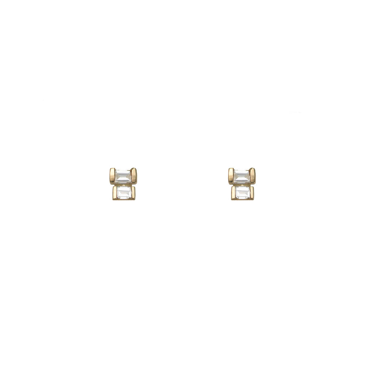 Double baguette diamond gold stud earrings in 14k gold, modern yet classic design, 3x3.5mm