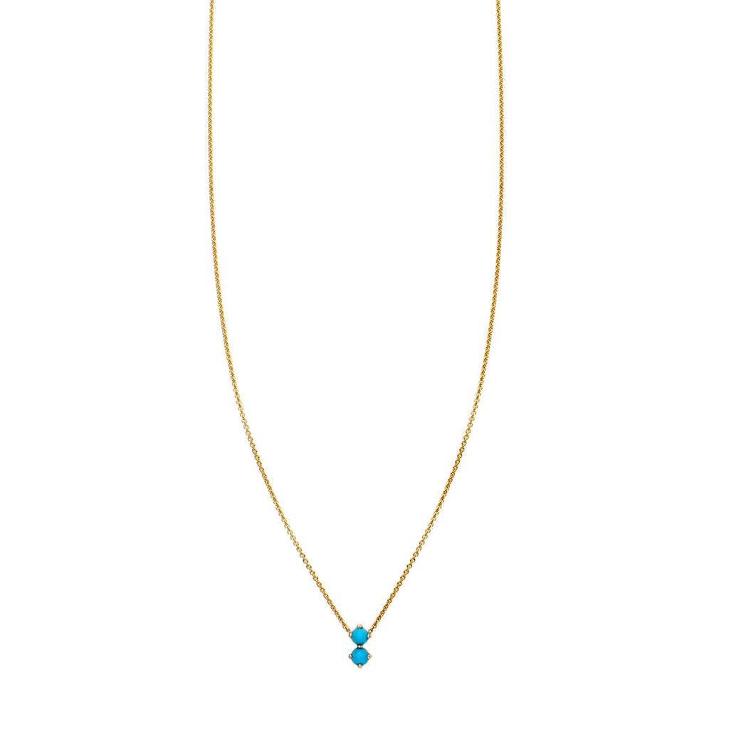 Double Bubble Turquoise Necklace in 14k gold with two rounded turquoise stones on pendant, by Phoenix Roze