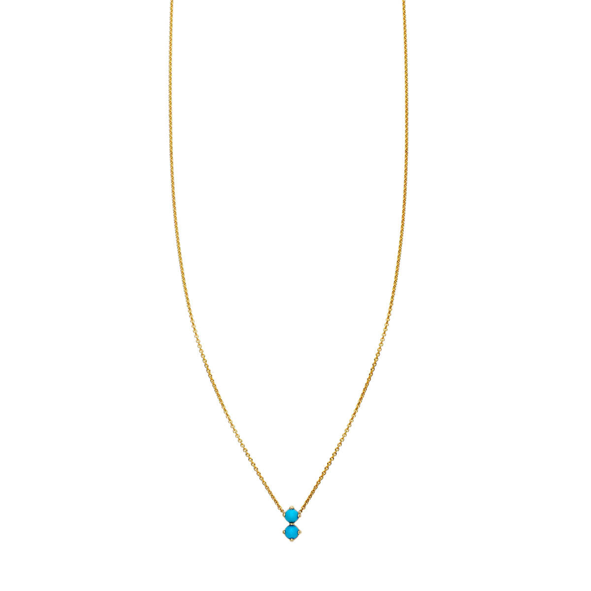 Double Bubble Turquoise Necklace in 14k gold with two rounded turquoise stones on pendant, by Phoenix Roze