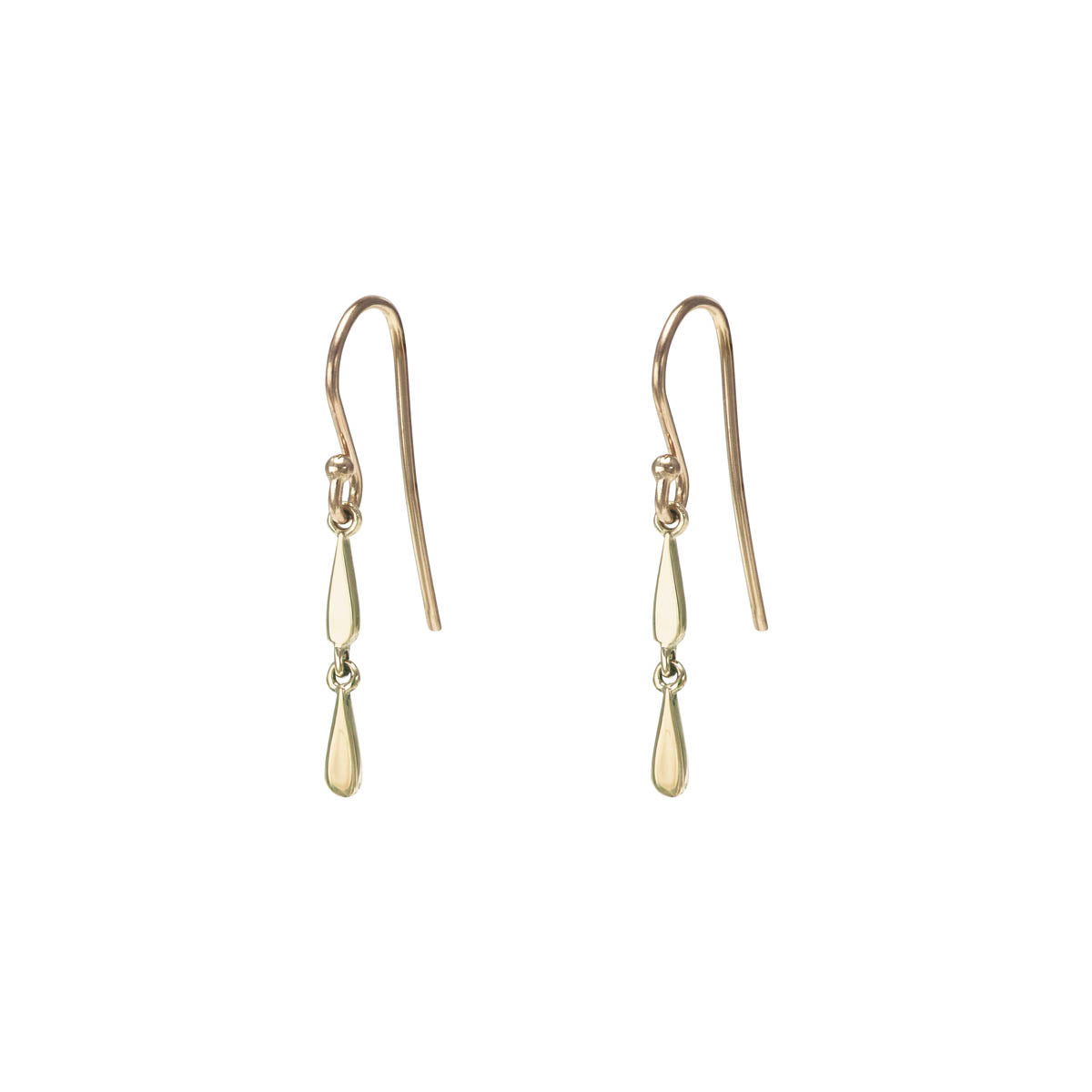14k yellow gold double drip drop earrings with two teardrop dangles, 1.5 x 10 mm elegant design