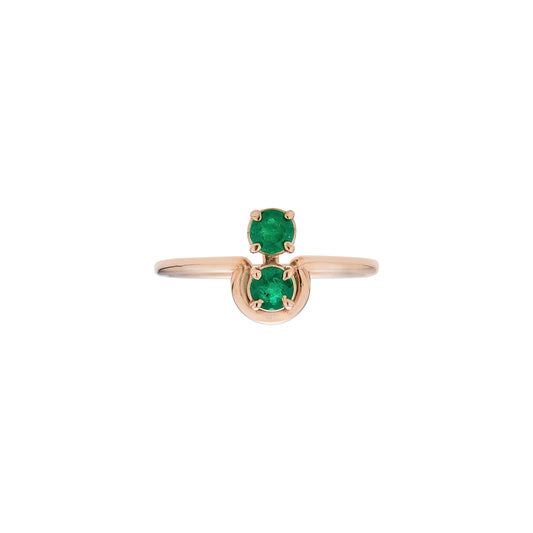 Phoenix Roze double emerald band ring in 14k gold; two round 0.27ct vivid green emeralds in double prongs on a thick band.