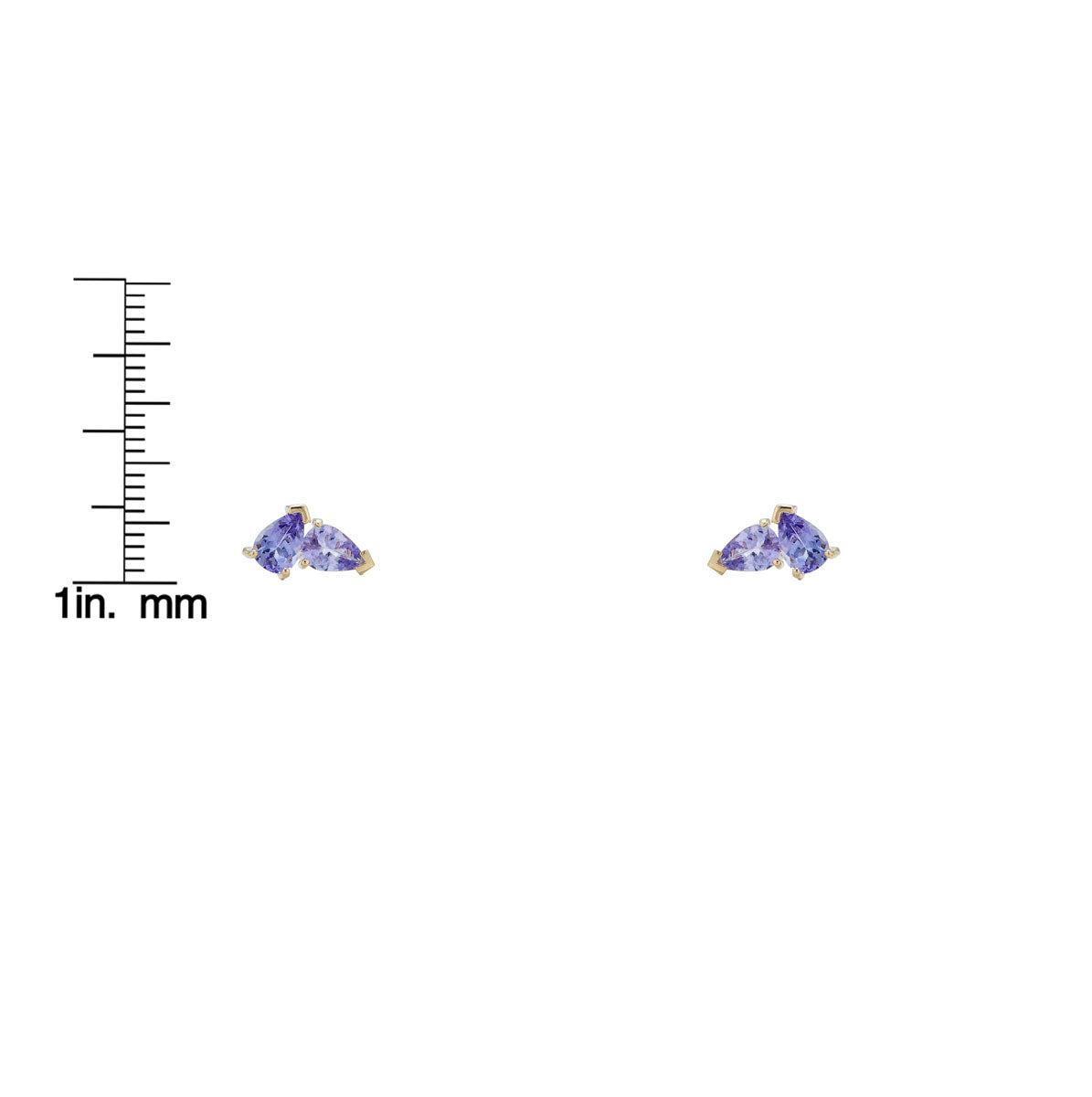 Double pear iolite stud earrings next to ruler showing scale measurement for size