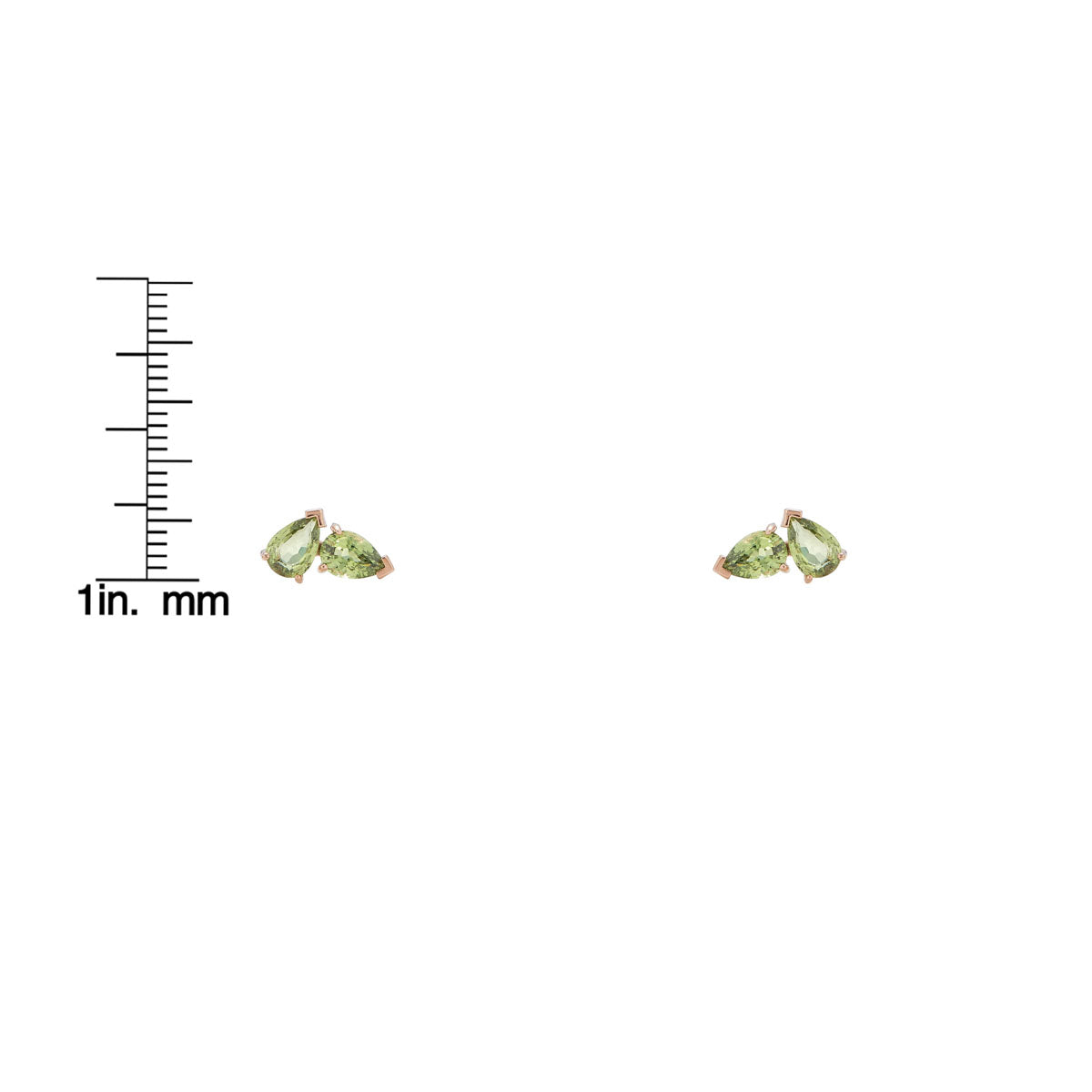 Double pear-shaped peridot stud earrings by Phoenix Roze on scale for size measurement