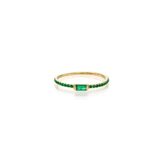 Emerald baguette ring with 4mm emerald and pavé emeralds on a gold band, available in rose, white, or yellow gold