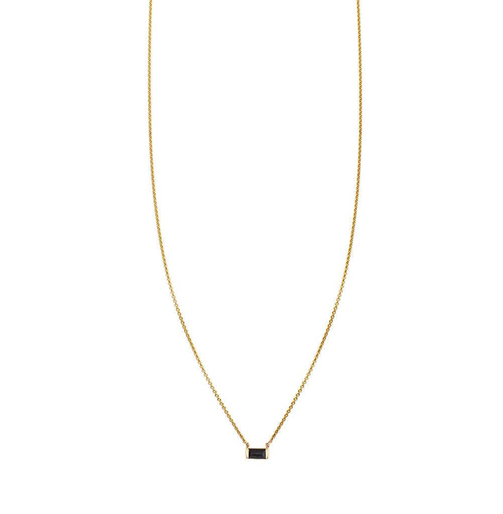 2mm emerald-cut black diamond necklace in 14k gold on a delicate chain, handcrafted in NYC.